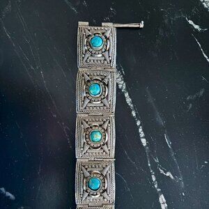 Ethnic Bracelet - Silver Metal Mix, Turquoise. lntricate detail